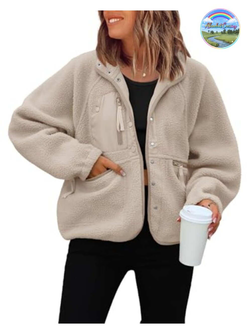 ReachMe Womens Cropped Fuzzy Fleece Button Down Jacket